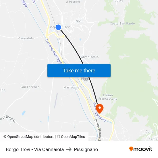 Borgo Trevi - Via Cannaiola to Pissignano map