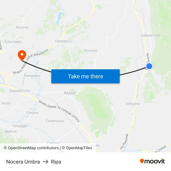 Nocera Umbra to Ripa map