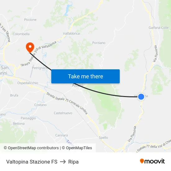 Valtopina Stazione FS to Ripa map