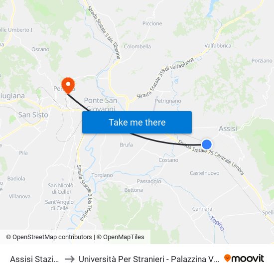 Assisi Stazione to Università Per Stranieri - Palazzina Valitutti map