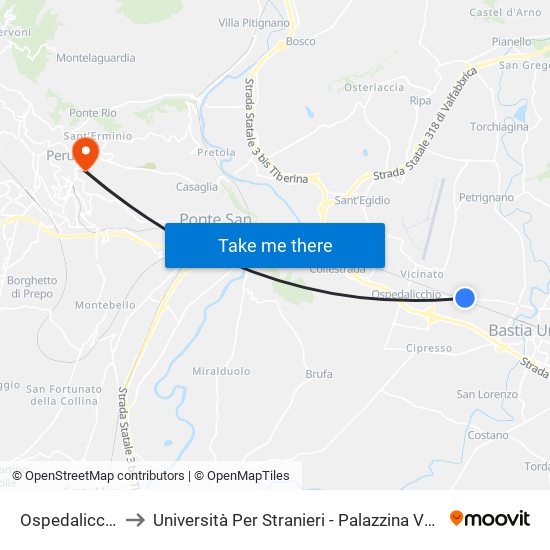 Ospedalicchio to Università Per Stranieri - Palazzina Valitutti map