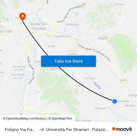 Foligno Via Fiamenga to Università Per Stranieri - Palazzina Valitutti map