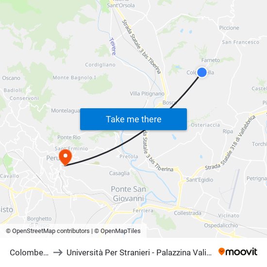 Colombella to Università Per Stranieri - Palazzina Valitutti map