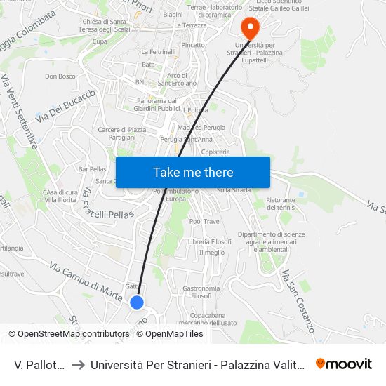 V. Pallotta to Università Per Stranieri - Palazzina Valitutti map