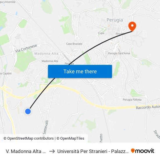 V. Madonna Alta Perugia to Università Per Stranieri - Palazzina Valitutti map
