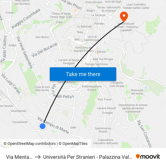 Via Mentana to Università Per Stranieri - Palazzina Valitutti map