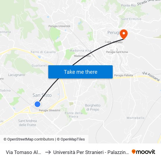 Via Tomaso Albinoni to Università Per Stranieri - Palazzina Valitutti map