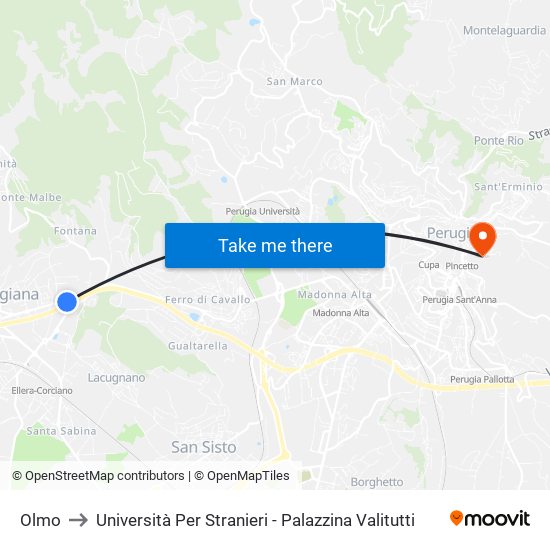 Olmo to Università Per Stranieri - Palazzina Valitutti map
