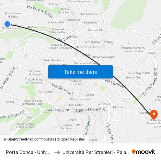 Porta Conca - Università (Pg) to Università Per Stranieri - Palazzina Valitutti map