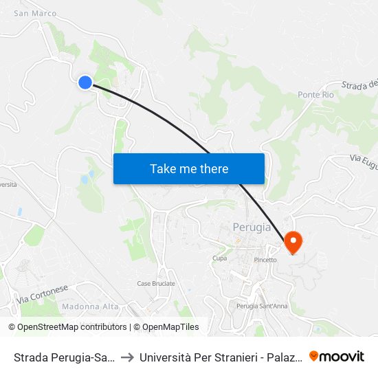 Strada Perugia-San Marco to Università Per Stranieri - Palazzina Valitutti map