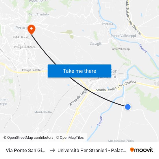 Via Ponte San Giovanni 1 to Università Per Stranieri - Palazzina Valitutti map