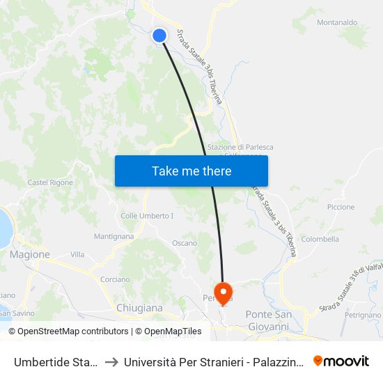 Umbertide Stazione to Università Per Stranieri - Palazzina Valitutti map