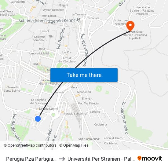 Perugia P.za Partigiani (S. Anna) to Università Per Stranieri - Palazzina Valitutti map