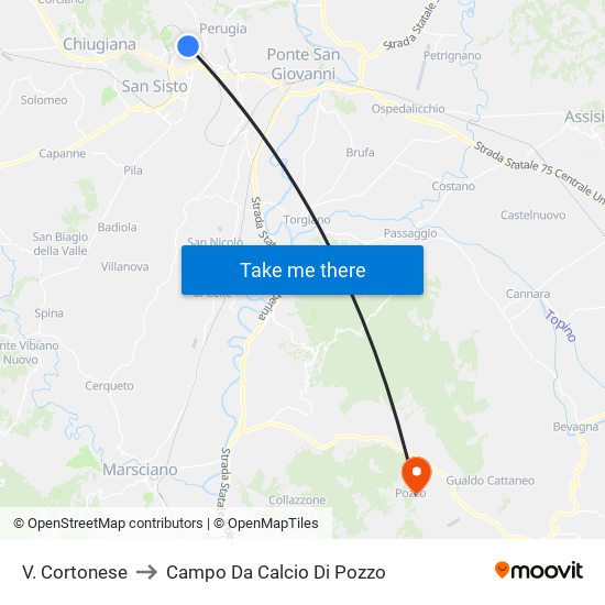 V. Cortonese to Campo Da Calcio Di Pozzo map