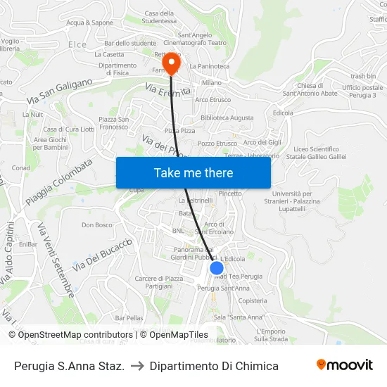 Perugia Saint Anna Station to Chemistry Department map