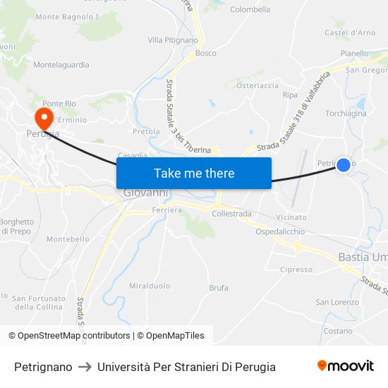 Petrignano to Università Per Stranieri Di Perugia map