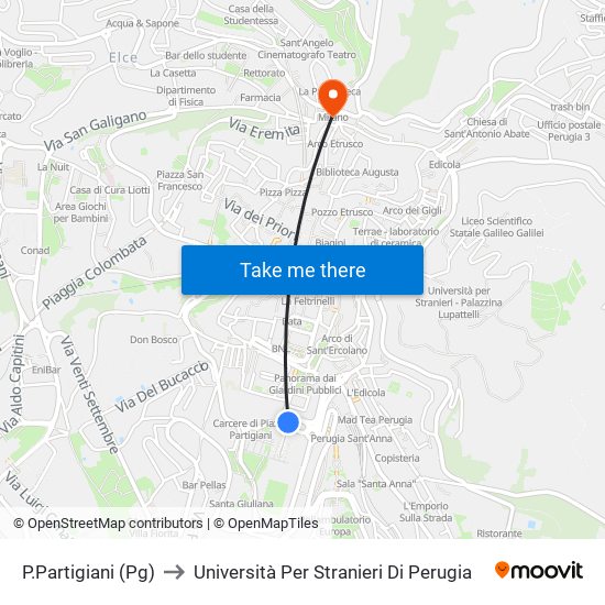 P.Partigiani (Pg) to Università Per Stranieri Di Perugia map