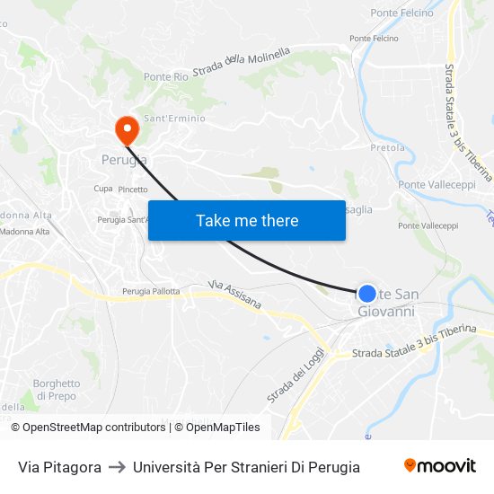 Via Pitagora to Università Per Stranieri Di Perugia map