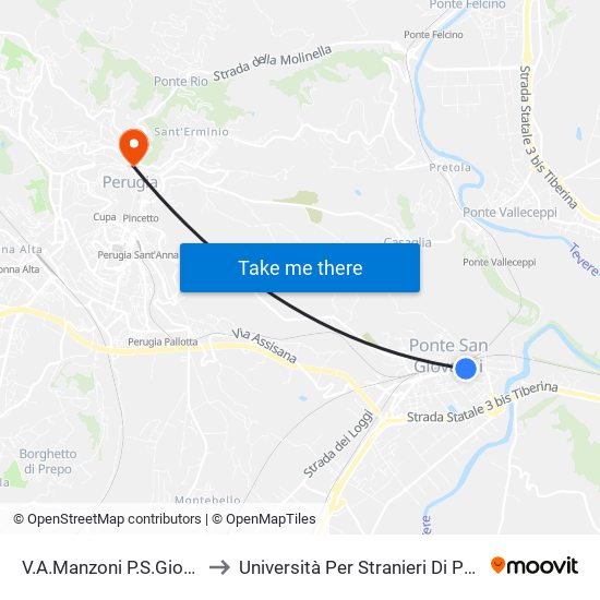 V.A.Manzoni P.S.Giovanni to Università Per Stranieri Di Perugia map