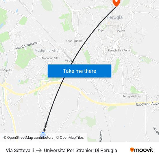 Via Settevalli to Università Per Stranieri Di Perugia map