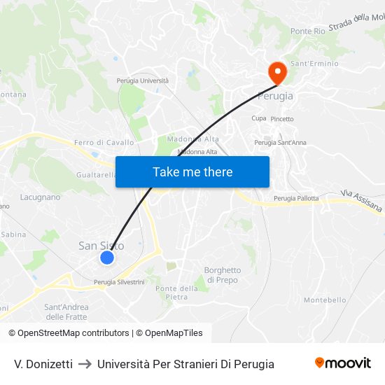 V. Donizetti to Università Per Stranieri Di Perugia map