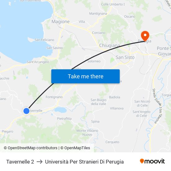 Tavernelle 2 to Università Per Stranieri Di Perugia map