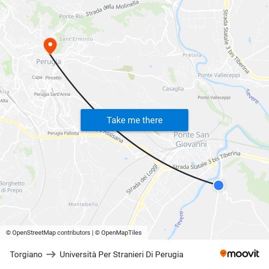 Torgiano to Università Per Stranieri Di Perugia map