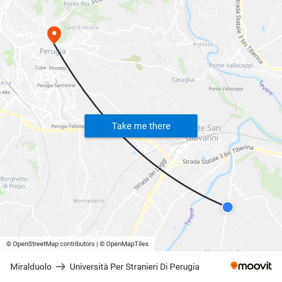 Miralduolo to Università Per Stranieri Di Perugia map