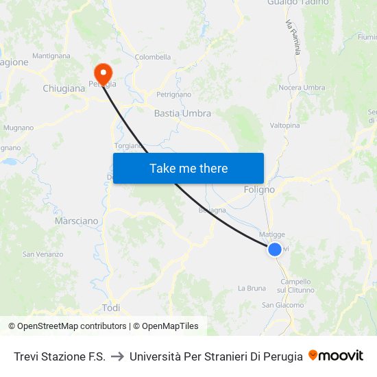 Trevi Stazione F.S. to Università Per Stranieri Di Perugia map