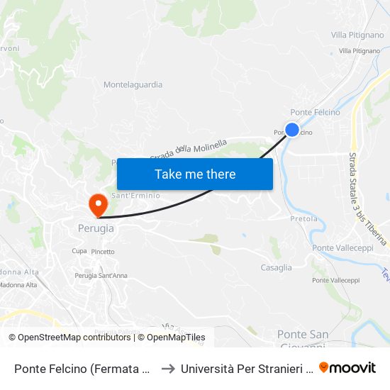 Ponte Felcino (Fermata A Richiesta) to Università Per Stranieri Di Perugia map