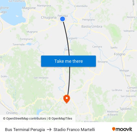 Bus Terminal Perugia to Stadio Franco Martelli map