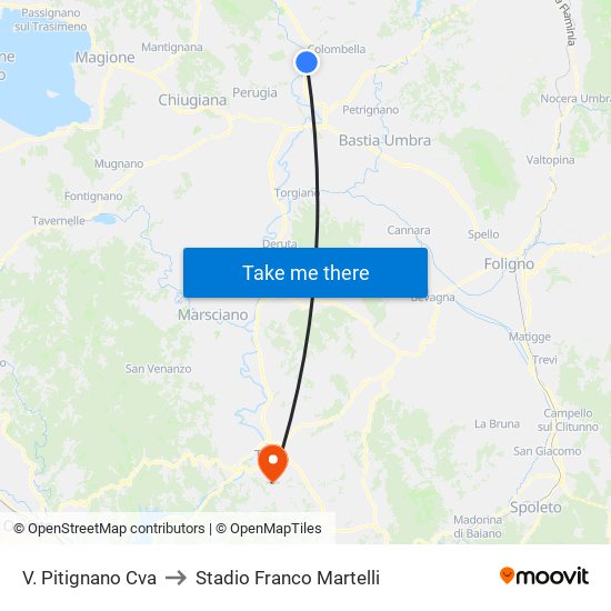 V. Pitignano Cva to Stadio Franco Martelli map