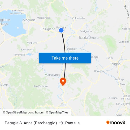 Perugia S. Anna (Parcheggio) to Pantalla map