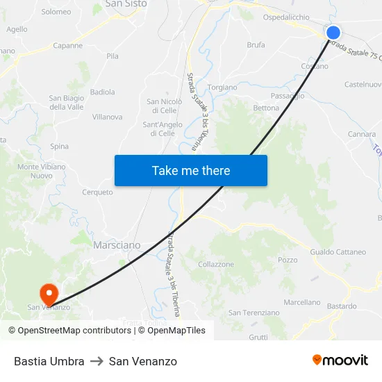 Bastia Umbra to San Venanzo map