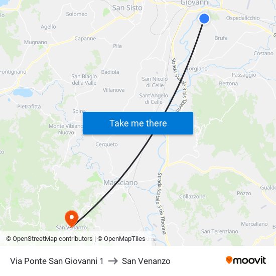 Via Ponte San Giovanni 1 to San Venanzo map