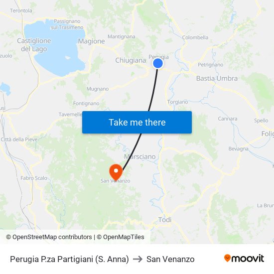 Perugia P.za Partigiani (S. Anna) to San Venanzo map