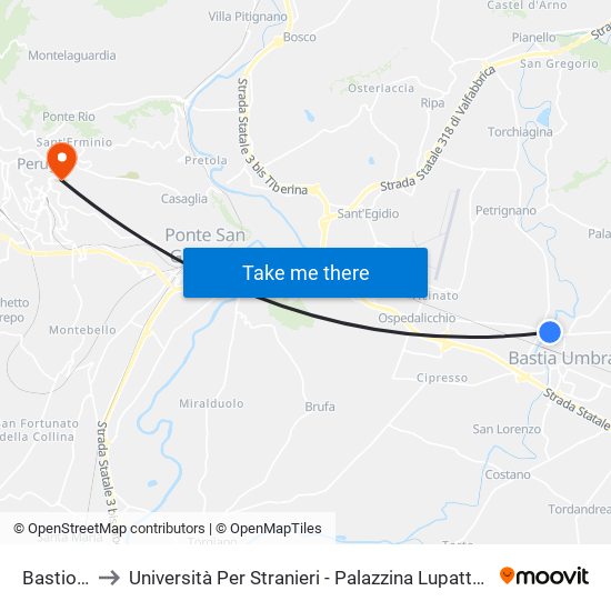 Bastiola to Università Per Stranieri - Palazzina Lupattelli map