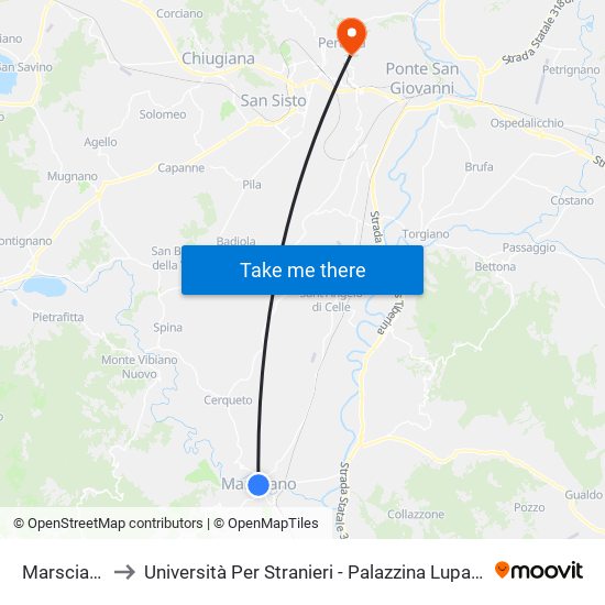 Marsciano to Università Per Stranieri - Palazzina Lupattelli map