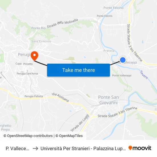 P. Valleceppi to Università Per Stranieri - Palazzina Lupattelli map