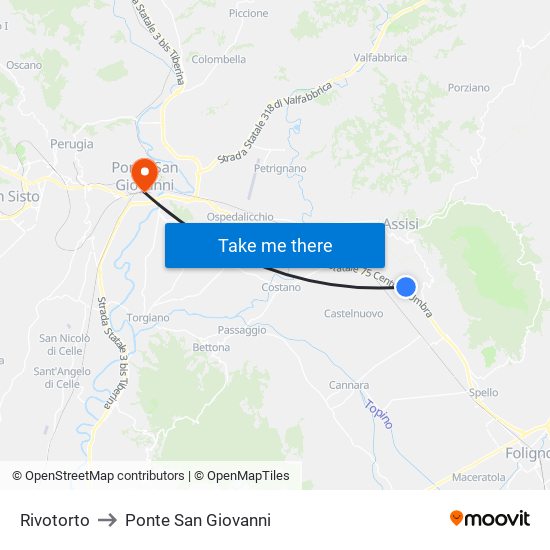 Rivotorto to Ponte San Giovanni map