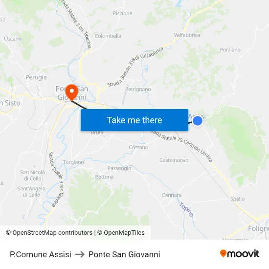Town Hall Square Assisi to San Giovanni Bridge map