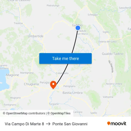 Via Campo Di Marte 8 to Ponte San Giovanni map