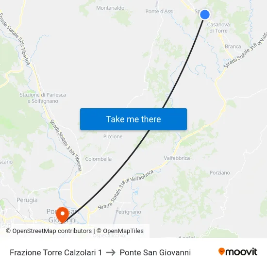 Frazione Torre Calzolari 1 to Ponte San Giovanni map