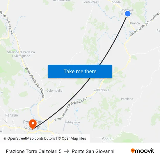 Frazione Torre Calzolari 5 to Ponte San Giovanni map