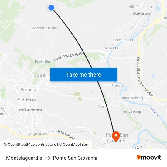 Montelaguardia to Ponte San Giovanni map