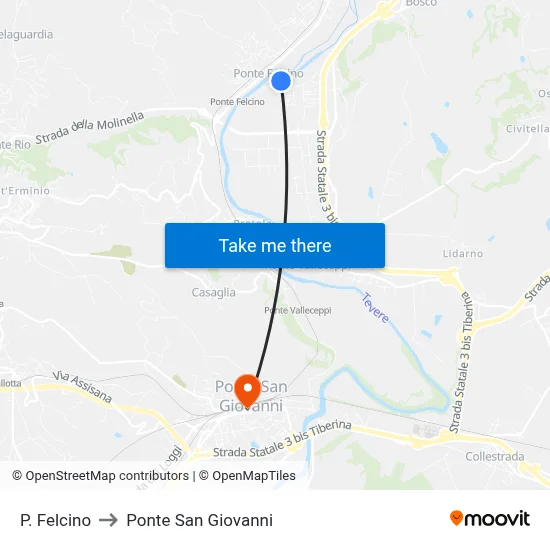 Ponte Felcino to San Giovanni Bridge map