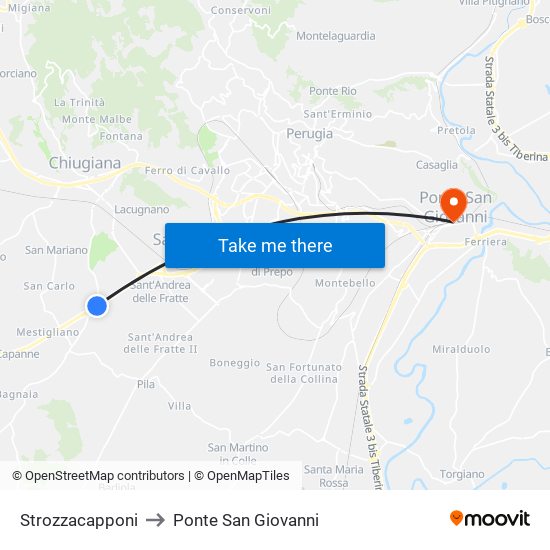 Strozzacapponi to Ponte San Giovanni map