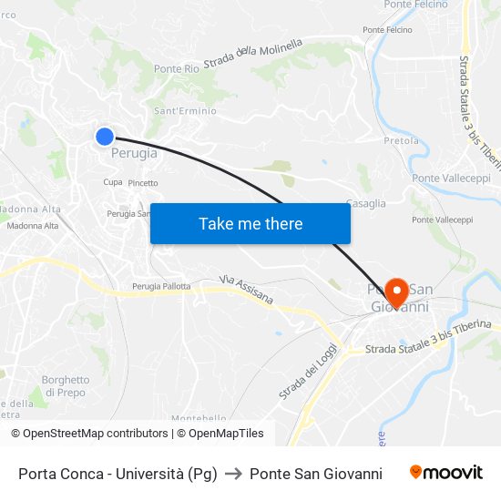 Porta Conca - Università (Pg) to Ponte San Giovanni map