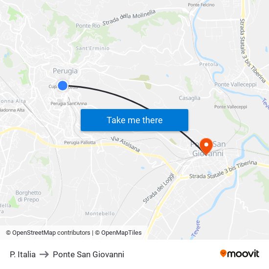 P. Italia to Ponte San Giovanni map