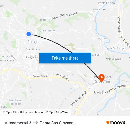 V. Innamorati 3 to Ponte San Giovanni map